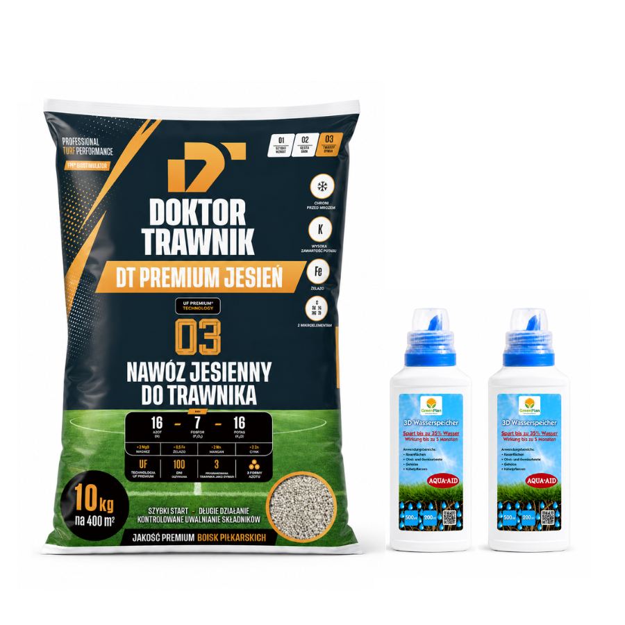 Nawóz jesienny DT Premium Jesień 10 kg + 2 X Płyn Save Water 500 ml - Trawnik 400m²