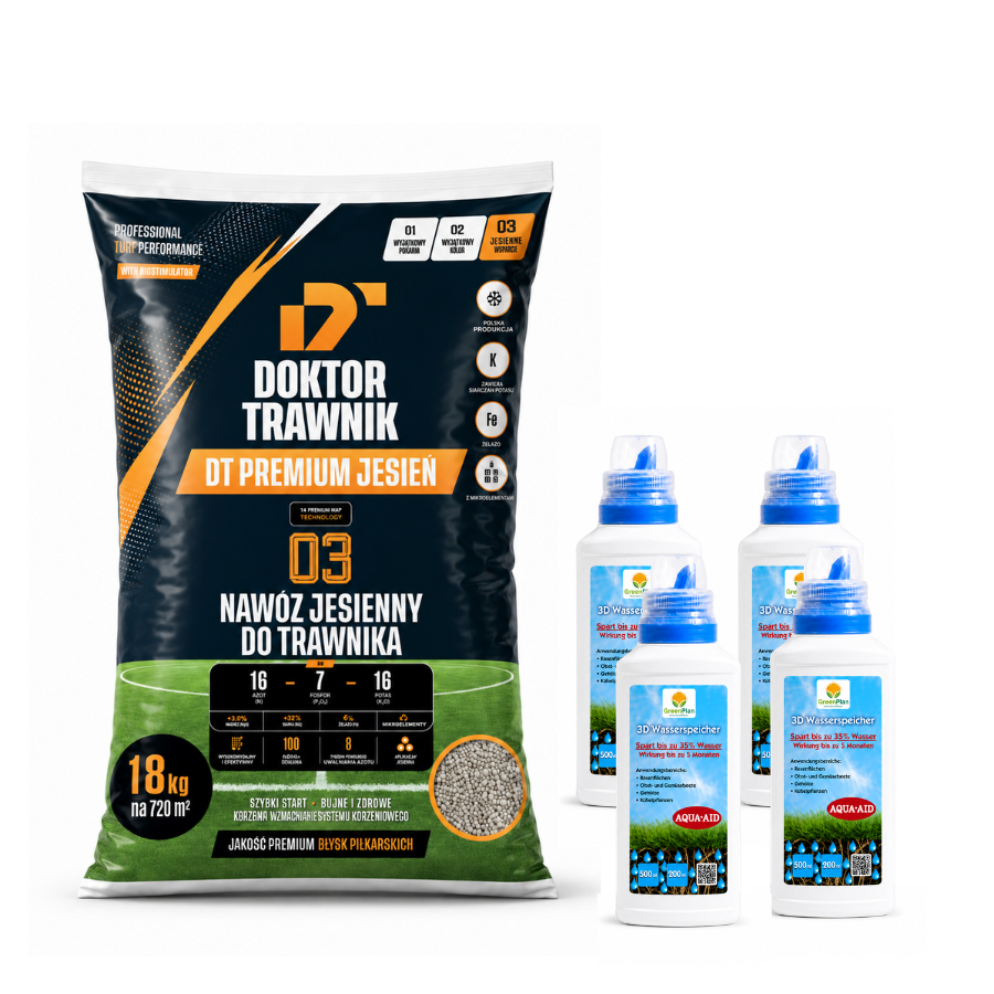 Nawóz jesienny DT Premium Jesień 18 kg + 4 X Płyn Save Water 500 ml - Trawnik 720m²