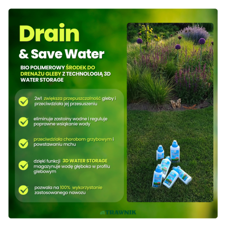 Płyn Drain & Save Water molekularny do drenażu gleby przeciwdziałający przesuszeniu roślin i trawnika 250 ml