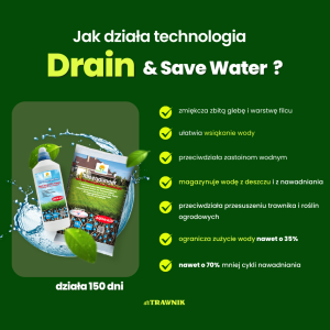 Nawóz do trawnika Drain & Save Water długodziałający przeciwdziałający przesuszeniu trawnika 16 kg